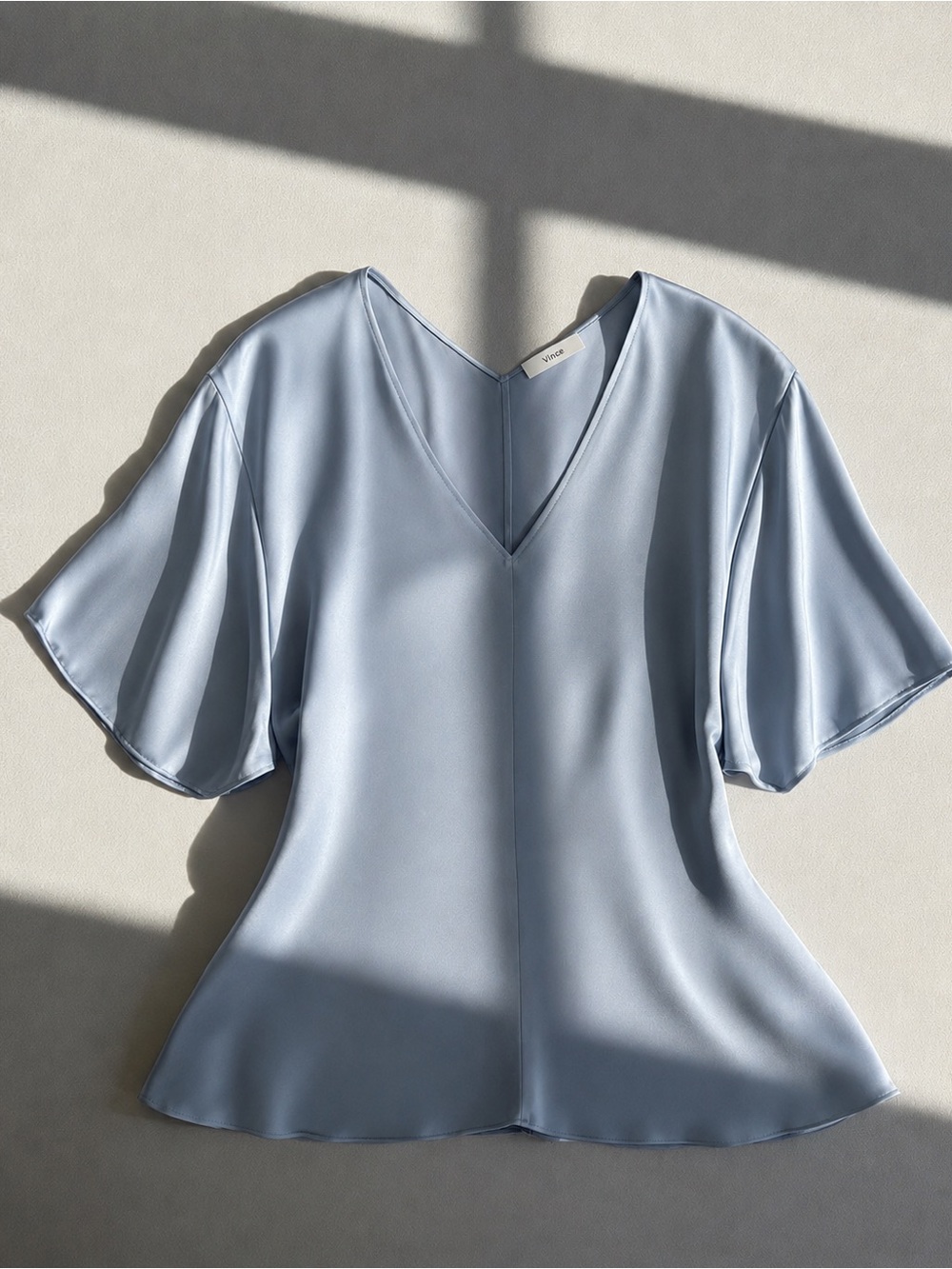 Vince Pale Blue Satin V-Neck Flutter Sleeve Blouse